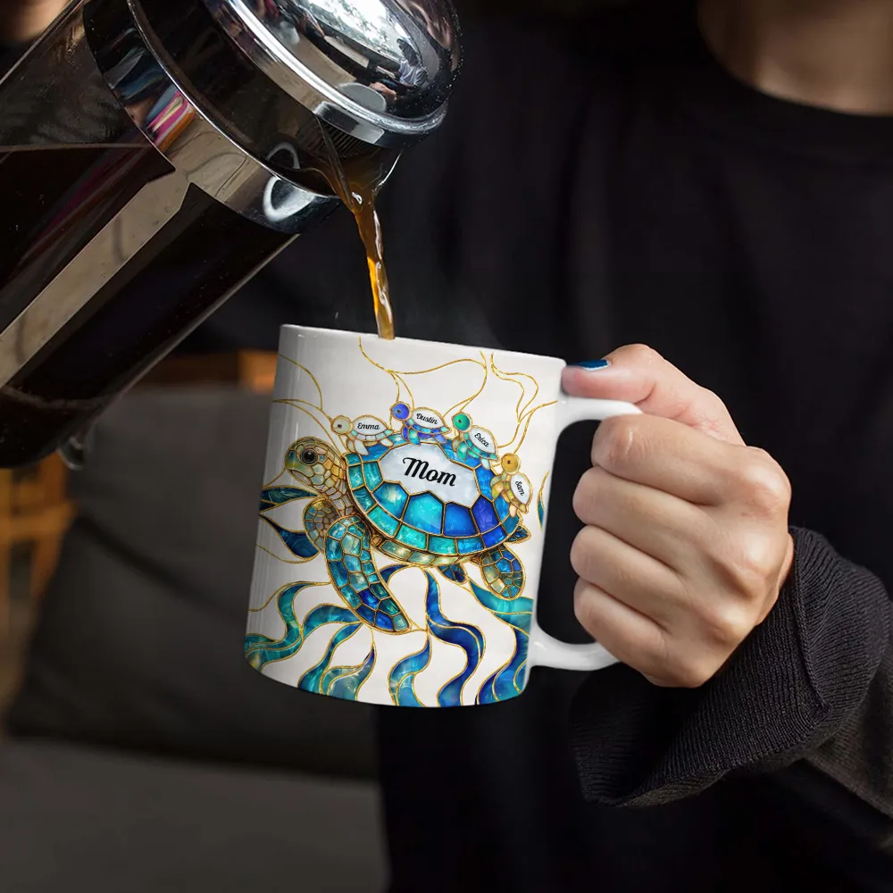 Turtle Stained Glass Mom Grandma - Personalized White Edge-to-Edge Mug - Image 4