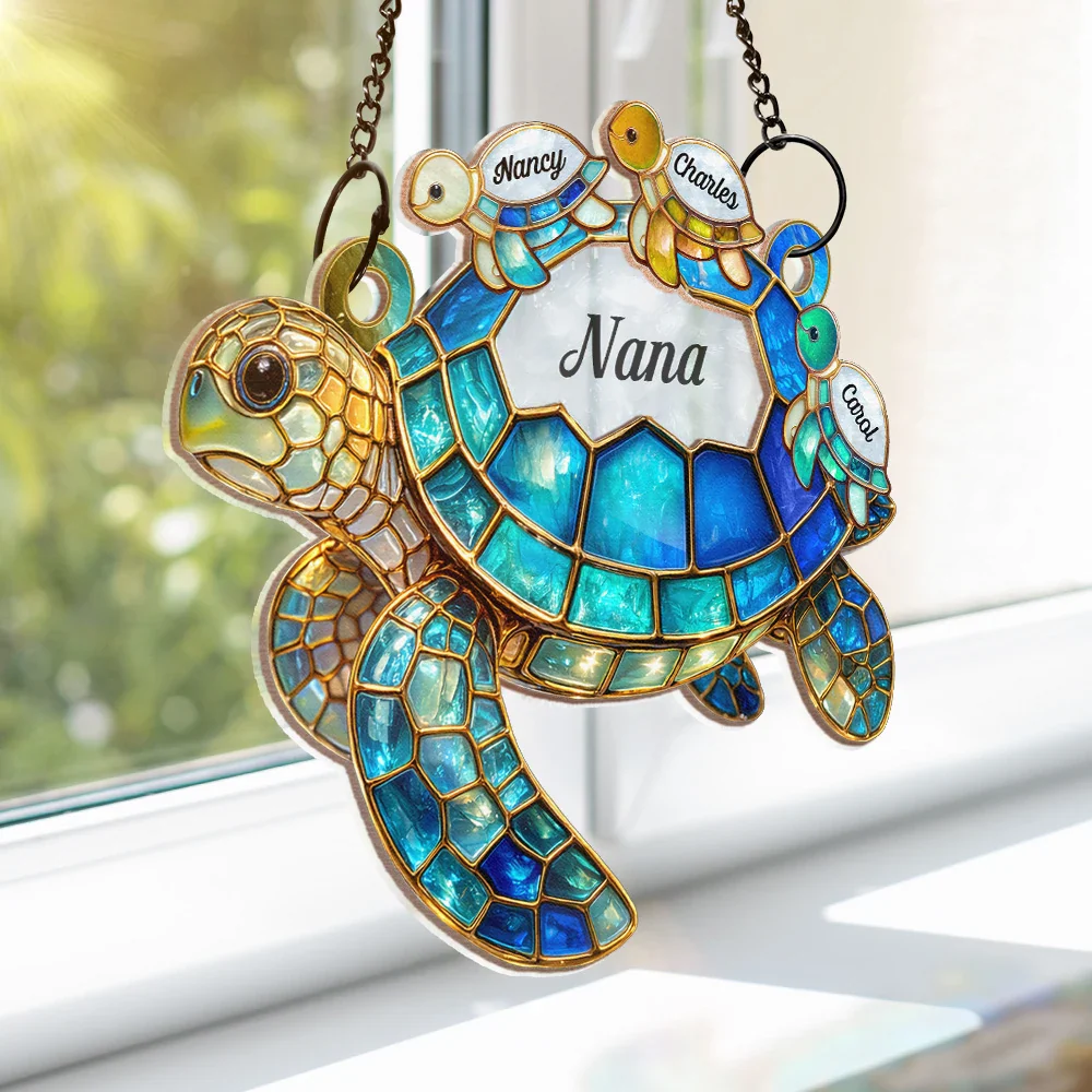 Turtle Stained Glass Mom Grandma - Personalized Window Hanging Suncatcher Ornament - Image 4