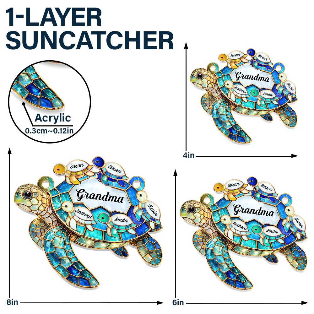 Turtle Stained Glass Mom Grandma - Personalized Window Hanging Suncatcher Ornament - Image 5