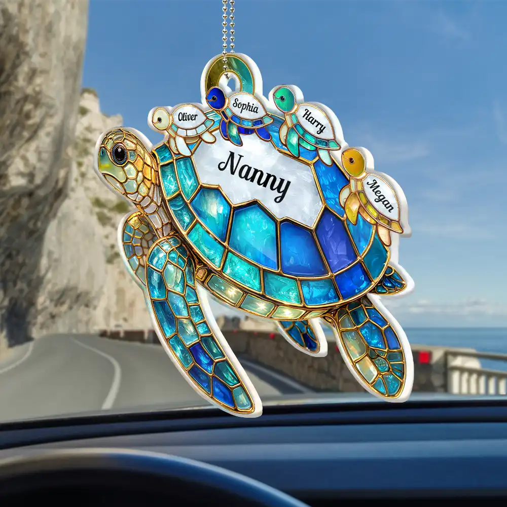Turtle Stained Glass Mum Nanny - Personalised Acrylic Car Hanger - Image 2