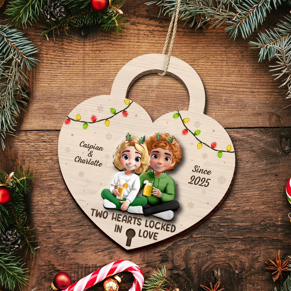Two Hearts Locked In Love Couple - Personalized 2-Layered Wooden Ornament - Image 4