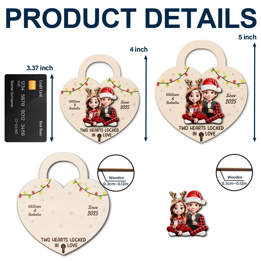 Two Hearts Locked In Love Couple - Personalized 2-Layered Wooden Ornament - Image 5