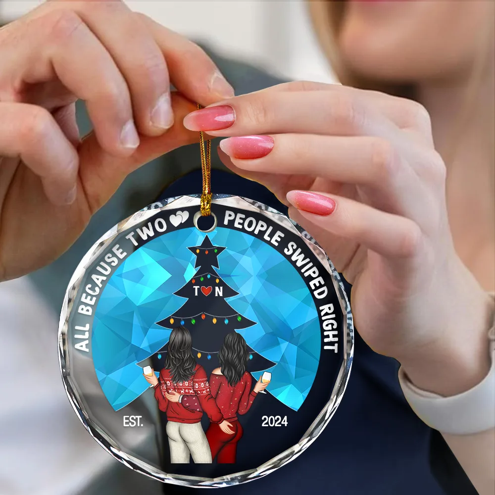 Two People Swiped Right - Personalized Circle Glass Ornament - Image 4