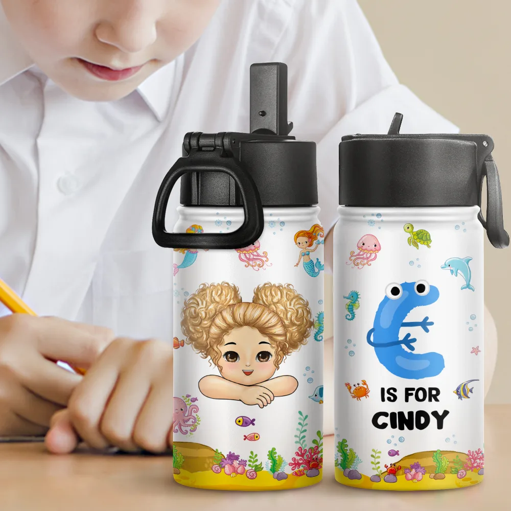 Unicorn Dino Mermaid Elephant School Kid's Name - Personalized Kids Water Bottle - Image 2