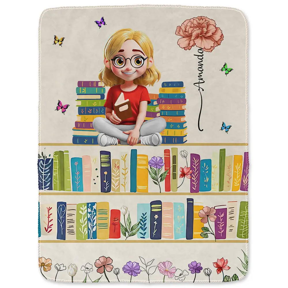 Vintage Bookself Reading Girl With Birth Month Flower - Personalized Fleece Blanket, Sherpa Blanket - Image 2