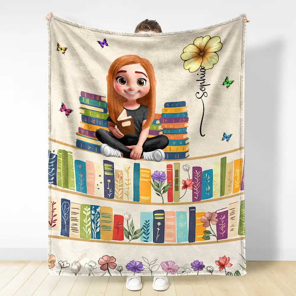 Vintage Bookself Reading Girl With Birth Month Flower - Personalized Fleece Blanket, Sherpa Blanket - Image 3