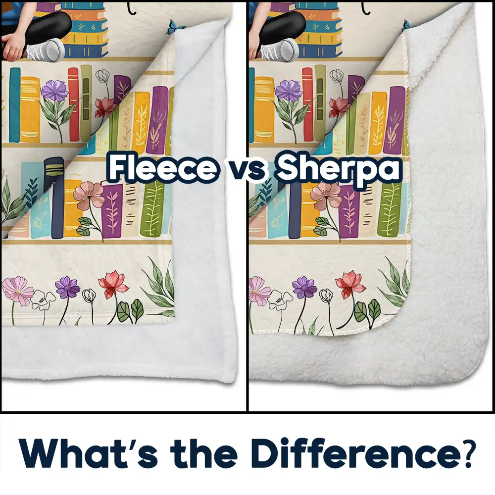 Vintage Bookself Reading Girl With Birth Month Flower - Personalized Fleece Blanket, Sherpa Blanket - Image 4