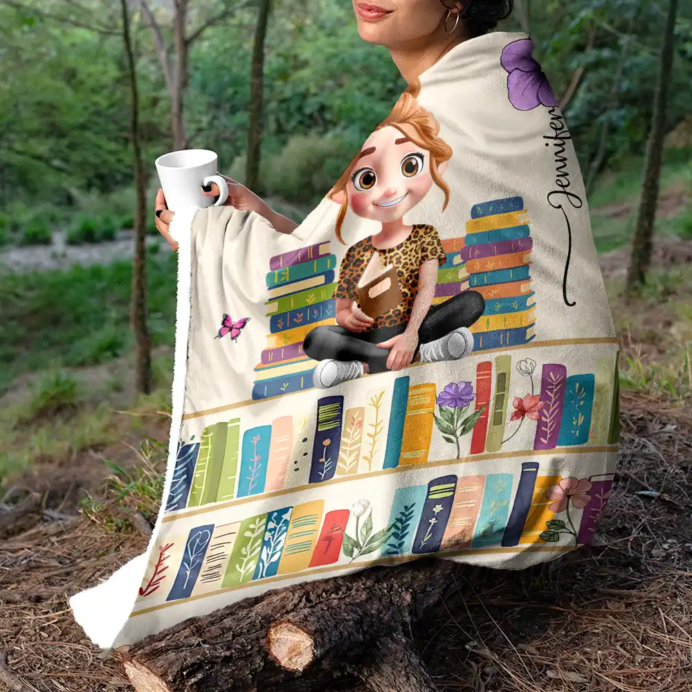 Vintage Bookself Reading Girl With Birth Month Flower - Personalized Fleece Blanket, Sherpa Blanket - Image 5