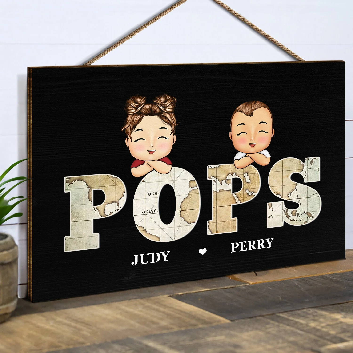 Vintage Map Papa Title - Birthday, Loving Gift For Dad, Father, Papa, Grandpa, Grandfather - Personalized Custom Wood Rectangle Sign - Image 2