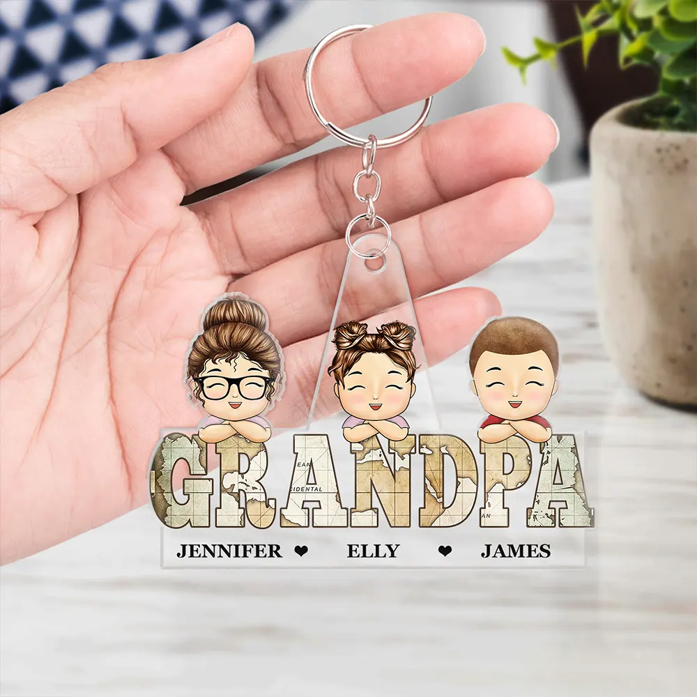 Vintage Map Titles Chibi Kids - Personalized Cutout Acrylic Keychain - Image 4