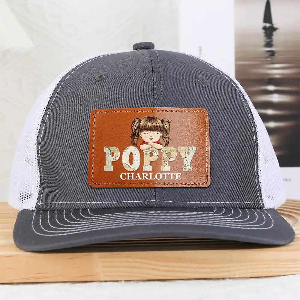 Vintage Map Titles Chibi Kids - Personalized Leather Patch Hat - Image 2