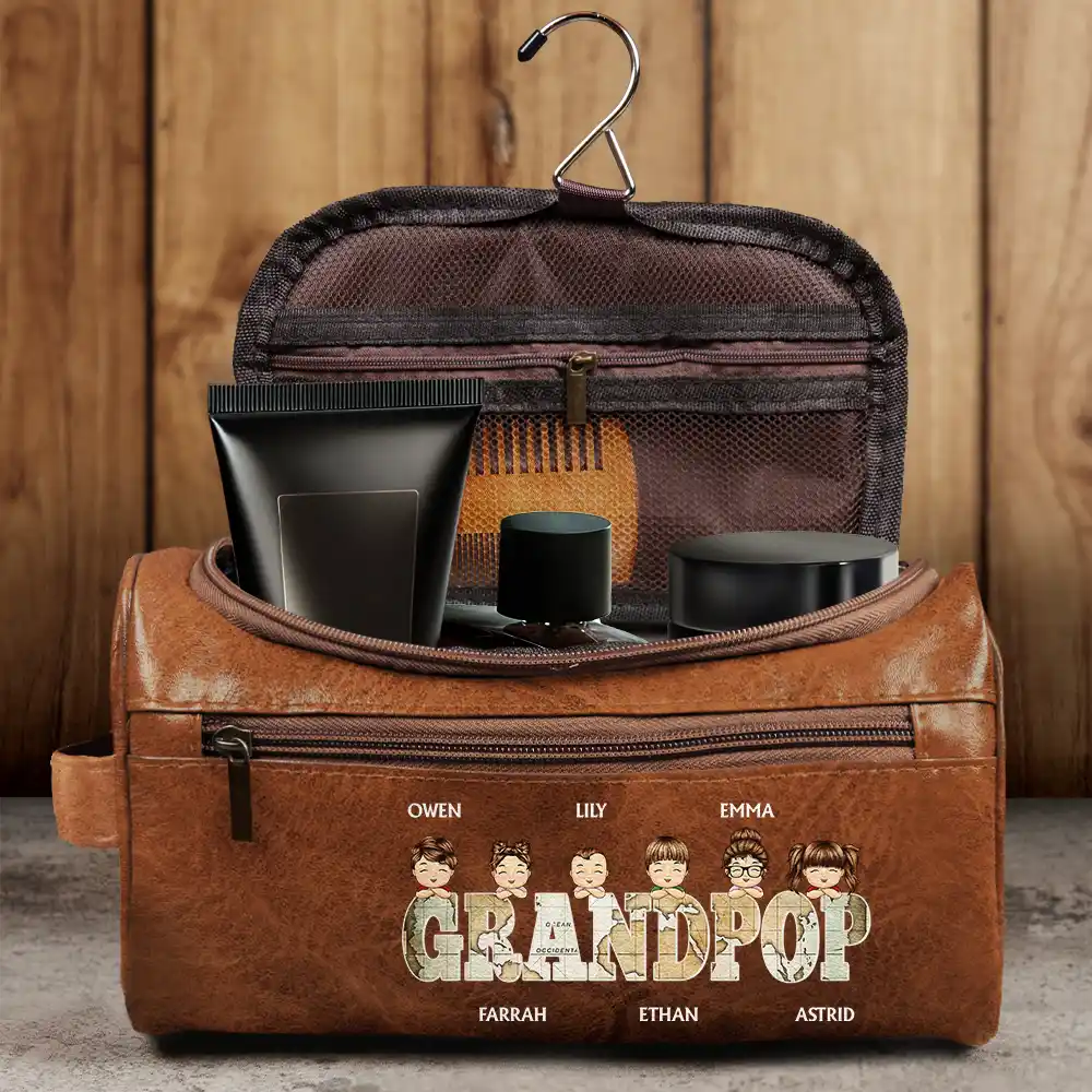 Vintage Map Titles Chibi Kids - Personalized Leather Toiletry Bag - Image 4
