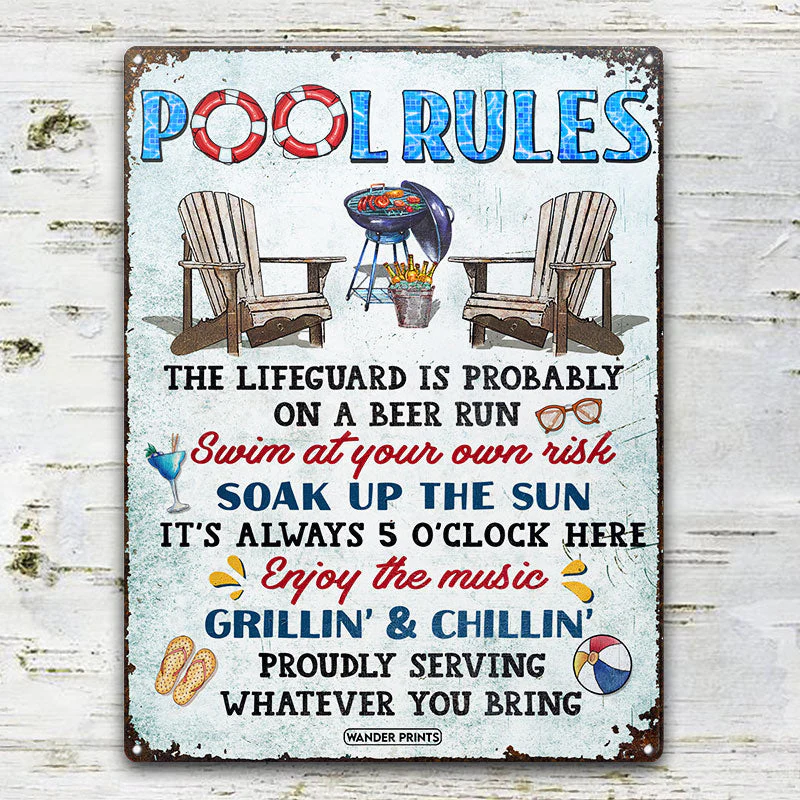 Wander Prints Family Gifts, Backyard Decor, Outdoor Decor, Housewarming Gifts, Patio, Garden, Pool, Bar & Grill, BBQ -	Pool Rules Swim At Your Own Risk, Pool Signs, Classic Metal Signs, Tin Signs - Image 2