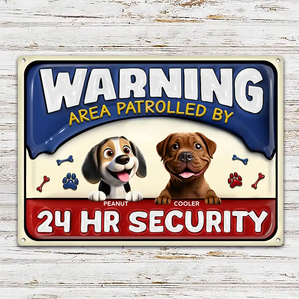 Warning Area Patrolled By 24 Hr Security 3D Effect Dogs - Personalized Classic Metal Signs - Image 2