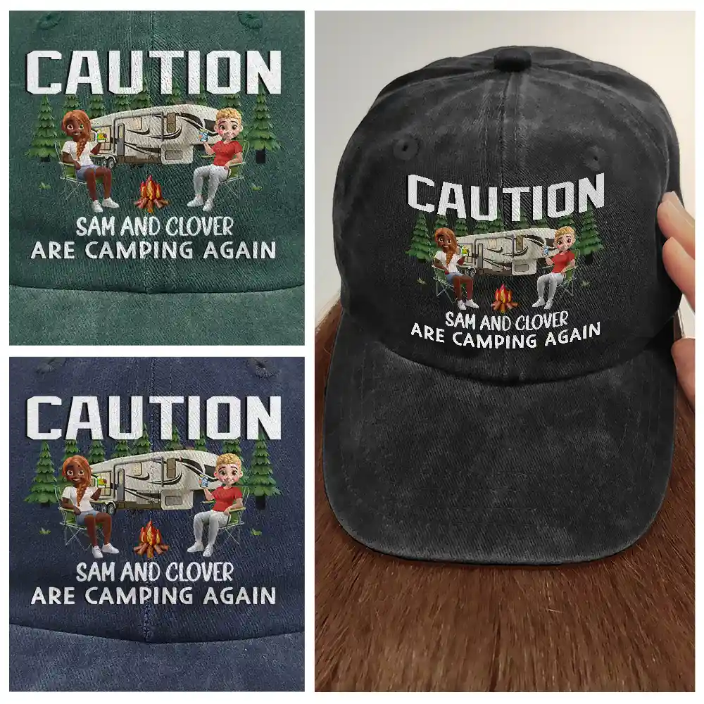 Warning Camping Again - Personalized Vintage Washed Denim Cap - Image 4
