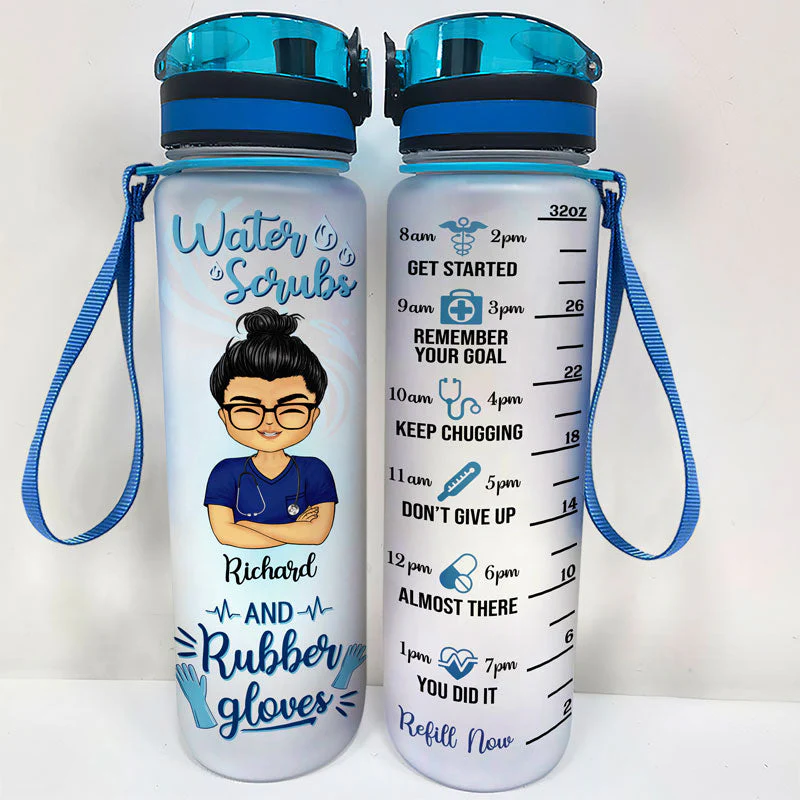 Water Scrubs And Rubber Gloves - Gift For Nurses - Personalized Custom Water Tracker Bottle - Image 2