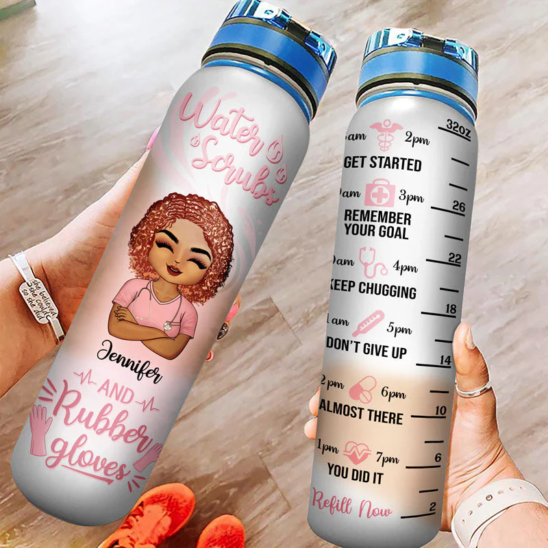 Water Scrubs And Rubber Gloves - Gift For Nurses - Personalized Custom Water Tracker Bottle - Image 3