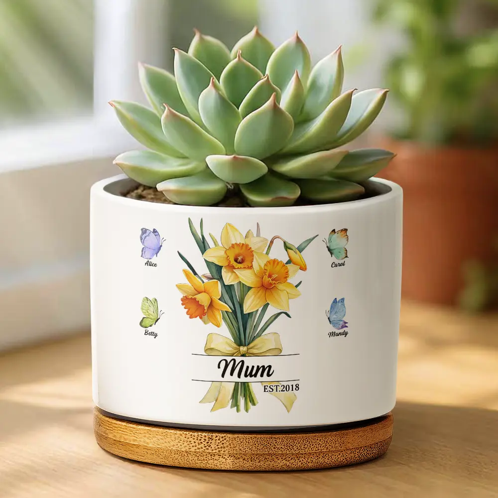 Watercolor Birth Flower Bouquet Mom Grandma - Personalized Ceramic Plant Pot - Image 2