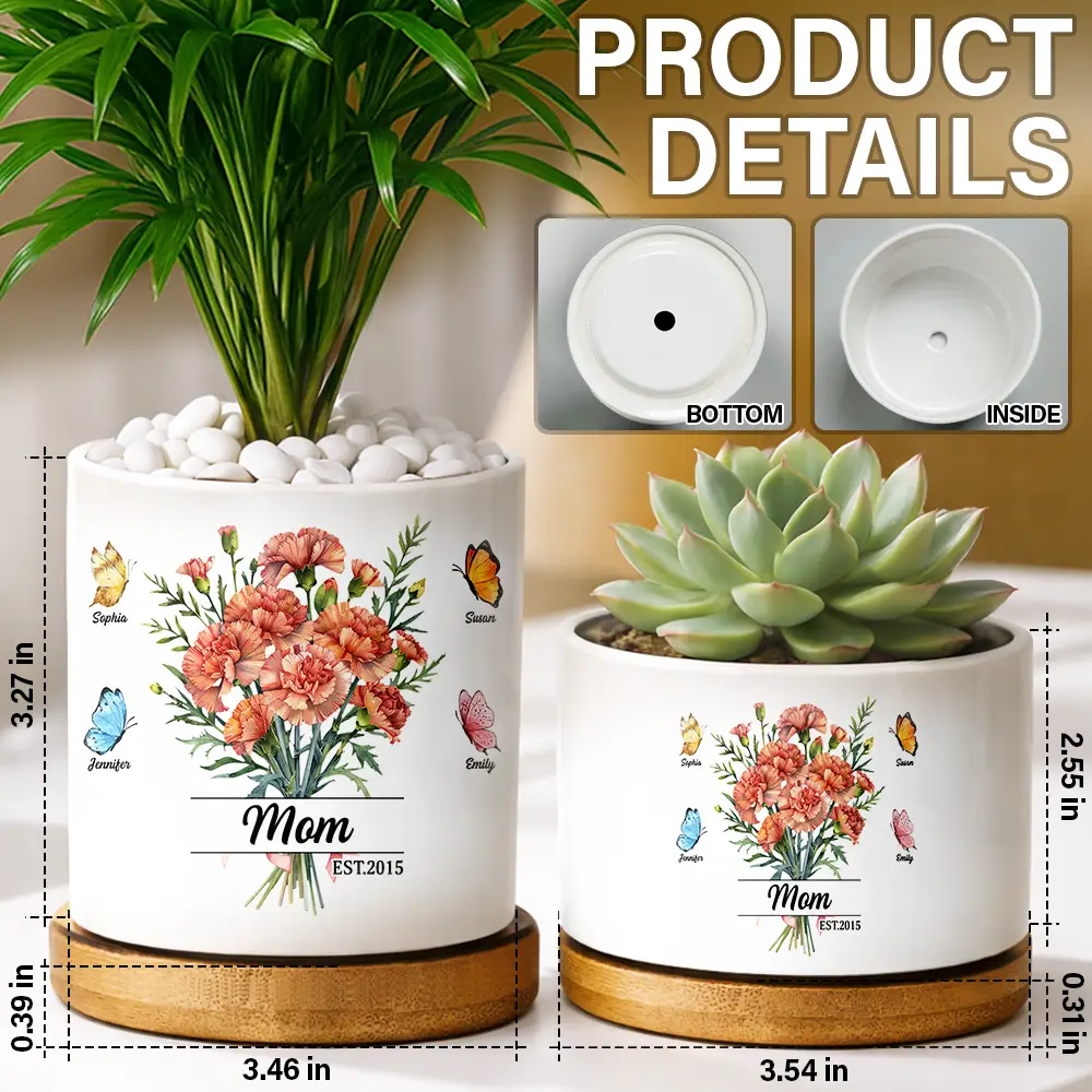 Watercolor Birth Flower Bouquet Mom Grandma - Personalized Ceramic Plant Pot - Image 5