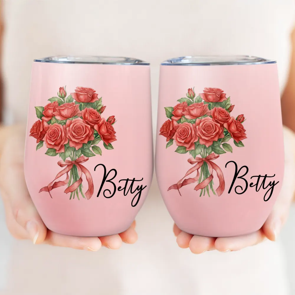 Watercolor Birth Flower Mother Daughter Sister Custom Name - Personalized Wine Tumbler - Image 3