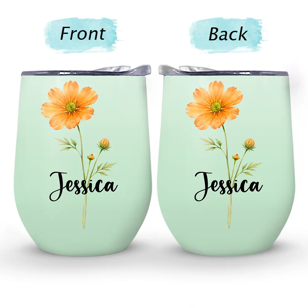 Watercolor Birth Flower Mother Daughter Sister Custom Name - Personalized Wine Tumbler - Image 4