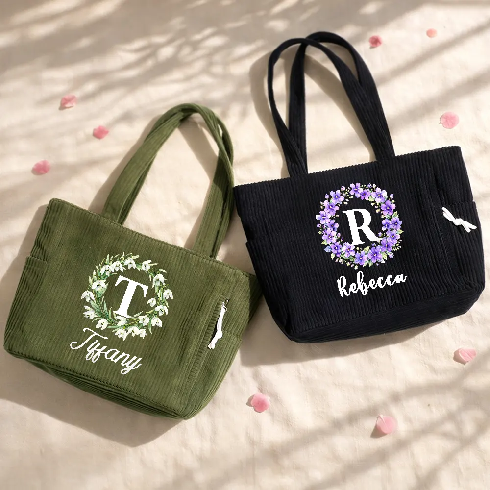 Watercolor Birth Flower Wreath - Personalized Corduroy Tote Bag - Image 2