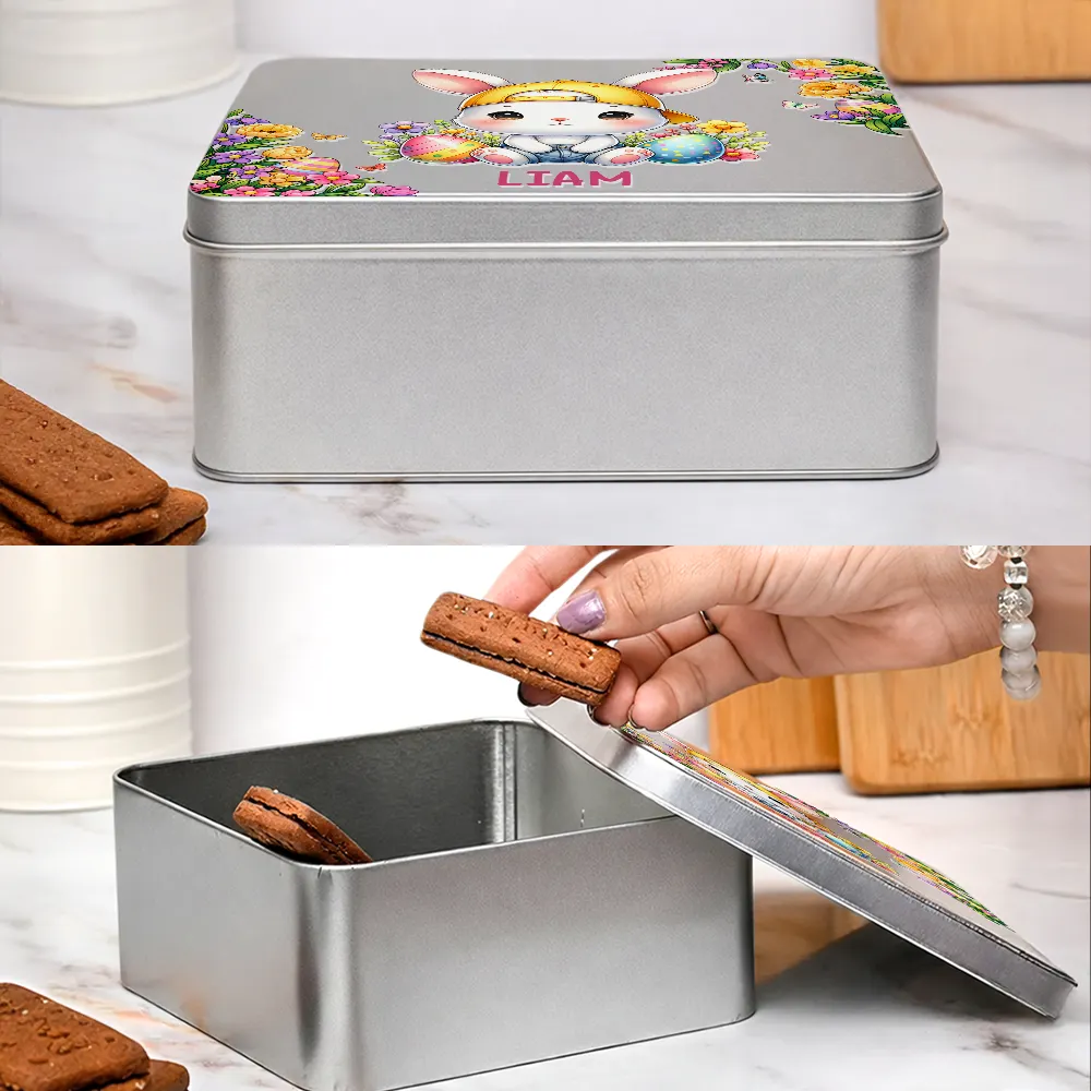 Watercolor Bunny Chicken With Name - Personalized Metal Biscuit Tin - Image 5