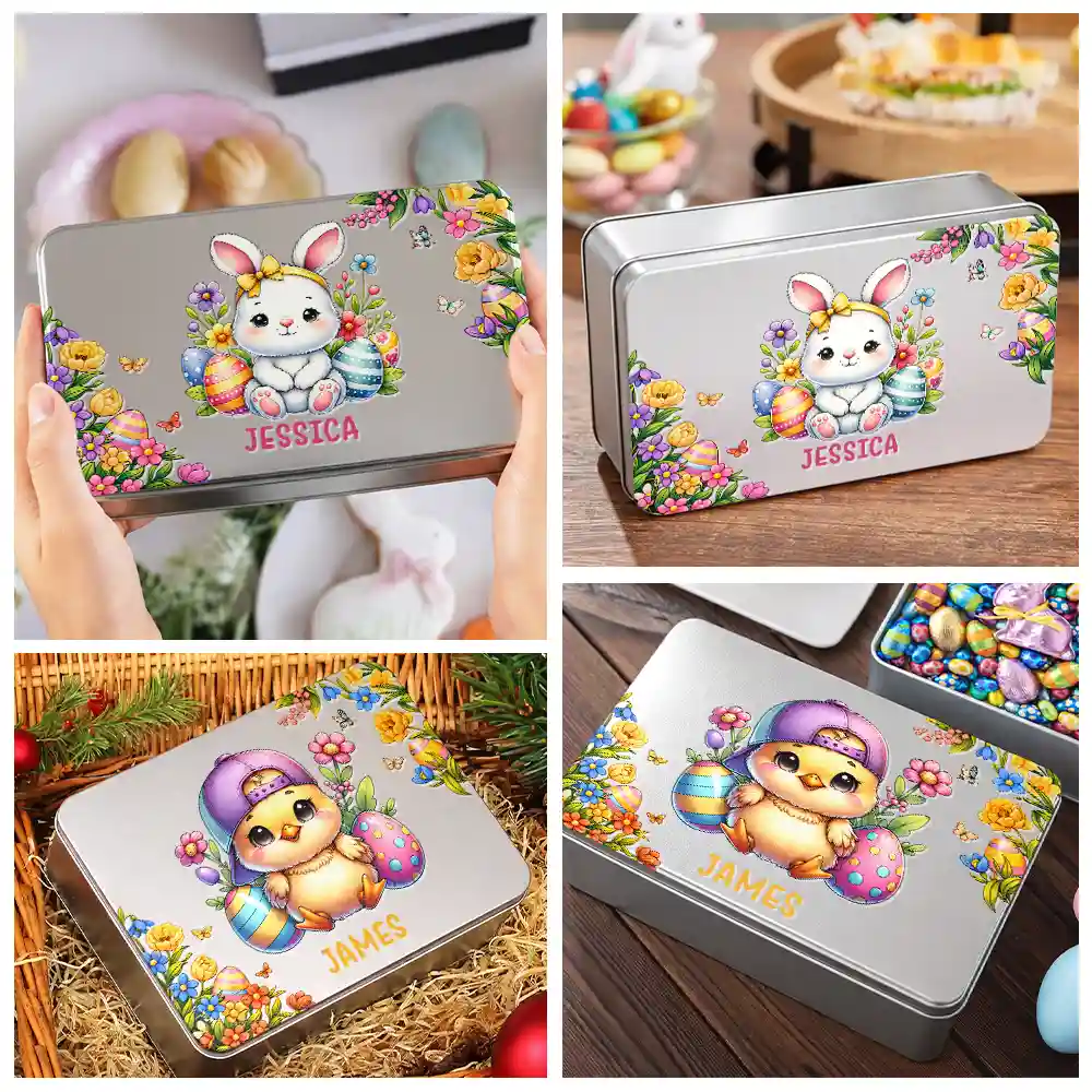 Watercolor Bunny Chicken With Name - Personalized Metal Biscuit Tin - Image 6