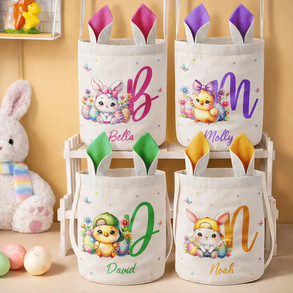 Watercolor Easter Bunny And Alphabet Letters - Personalized Bunny Ears Bucket Bag - Image 2