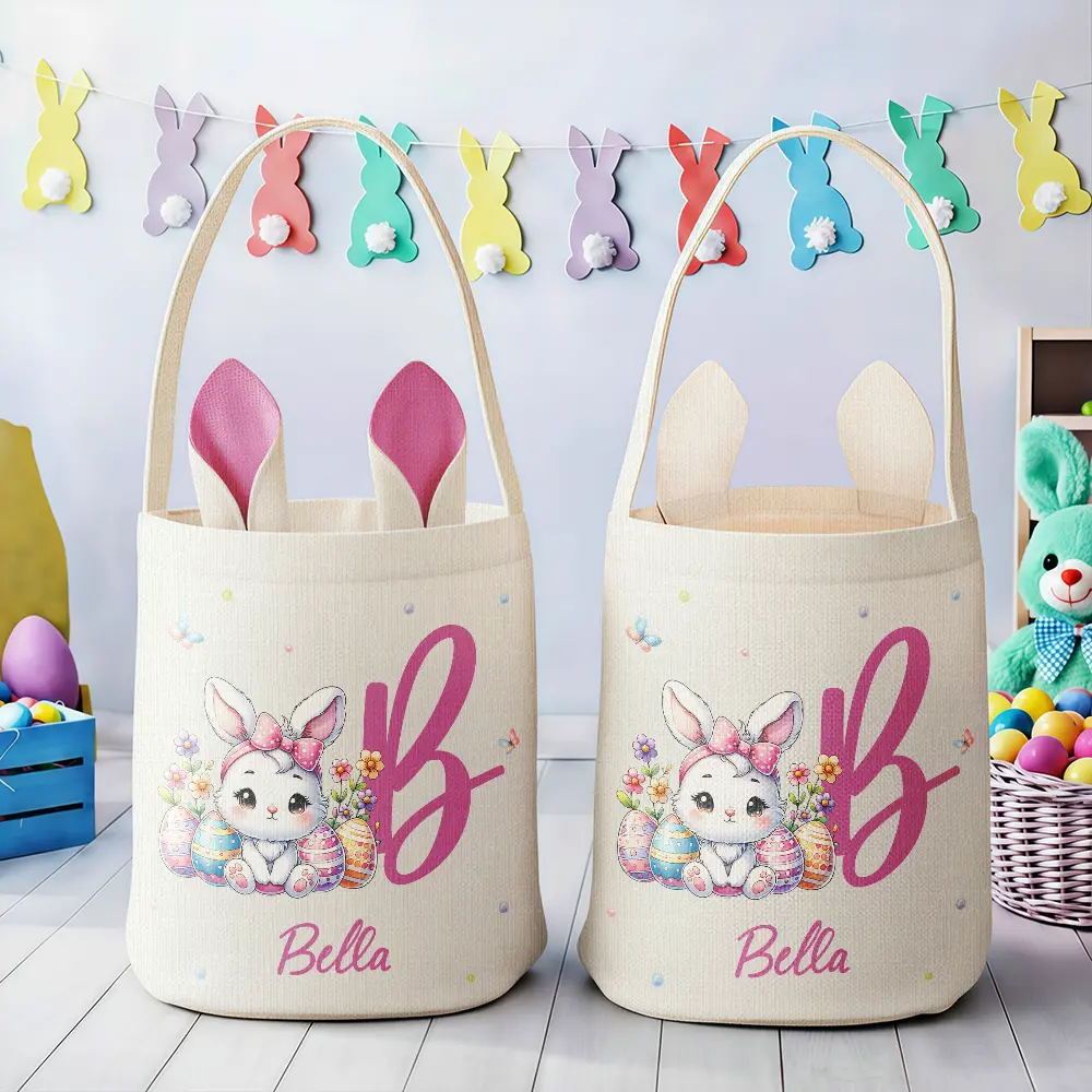 Watercolor Easter Bunny And Alphabet Letters - Personalized Bunny Ears Bucket Bag - Image 3