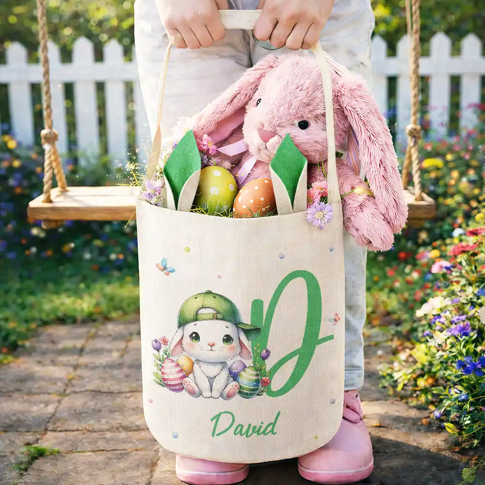 Watercolor Easter Bunny And Alphabet Letters - Personalized Bunny Ears Bucket Bag - Image 4