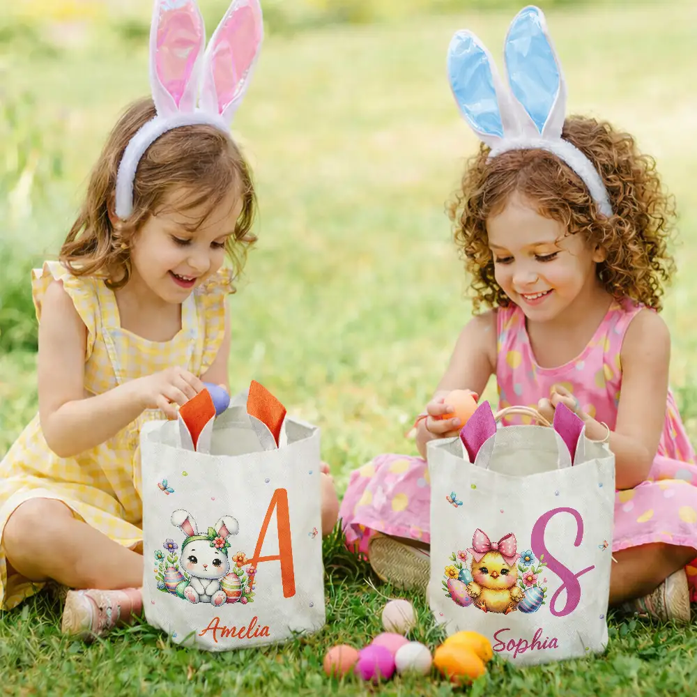Watercolor Easter Bunny And Alphabet Letters - Personalized Bunny Ears Bucket Bag - Image 6