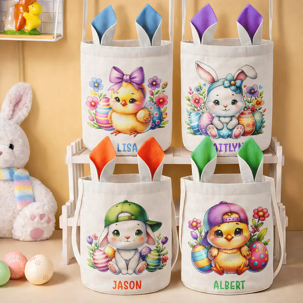 Watercolor Easter Bunny With Name - Personalized Bunny Ears Bucket Bag - Image 2
