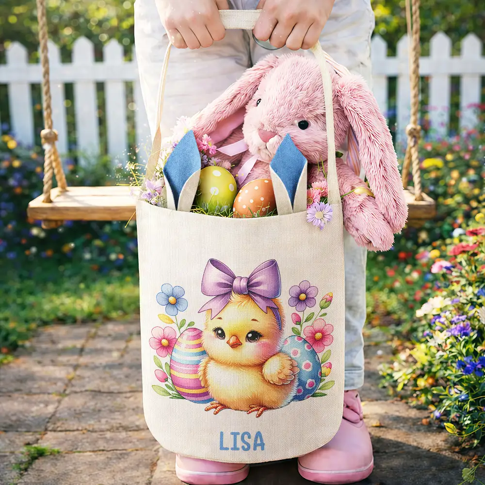 Watercolor Easter Bunny With Name - Personalized Bunny Ears Bucket Bag - Image 4