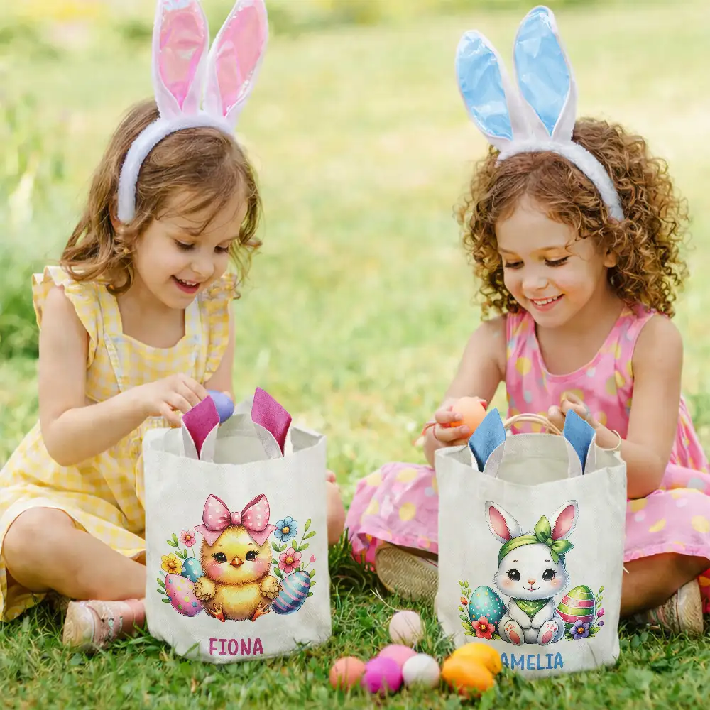 Watercolor Easter Bunny With Name - Personalized Bunny Ears Bucket Bag - Image 6