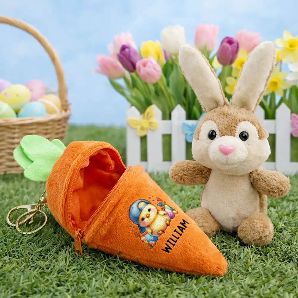 Watercolor Easter Bunny With Name - Personalized Plush Reversible Carrot Bunny Keychain - Image 2