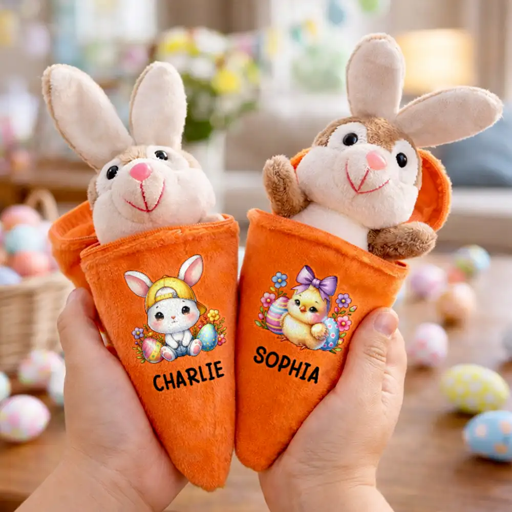 Watercolor Easter Bunny With Name - Personalized Plush Reversible Carrot Bunny Keychain - Image 3