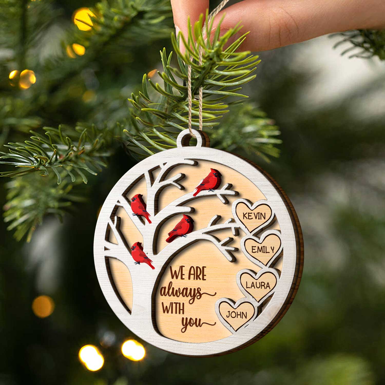 We Are Always With You Cardinal Bird - Sympathy Gift, Christmas Keepsake, Family Memorial Gift - Personalized 2-Layered Wooden Ornament - Image 2
