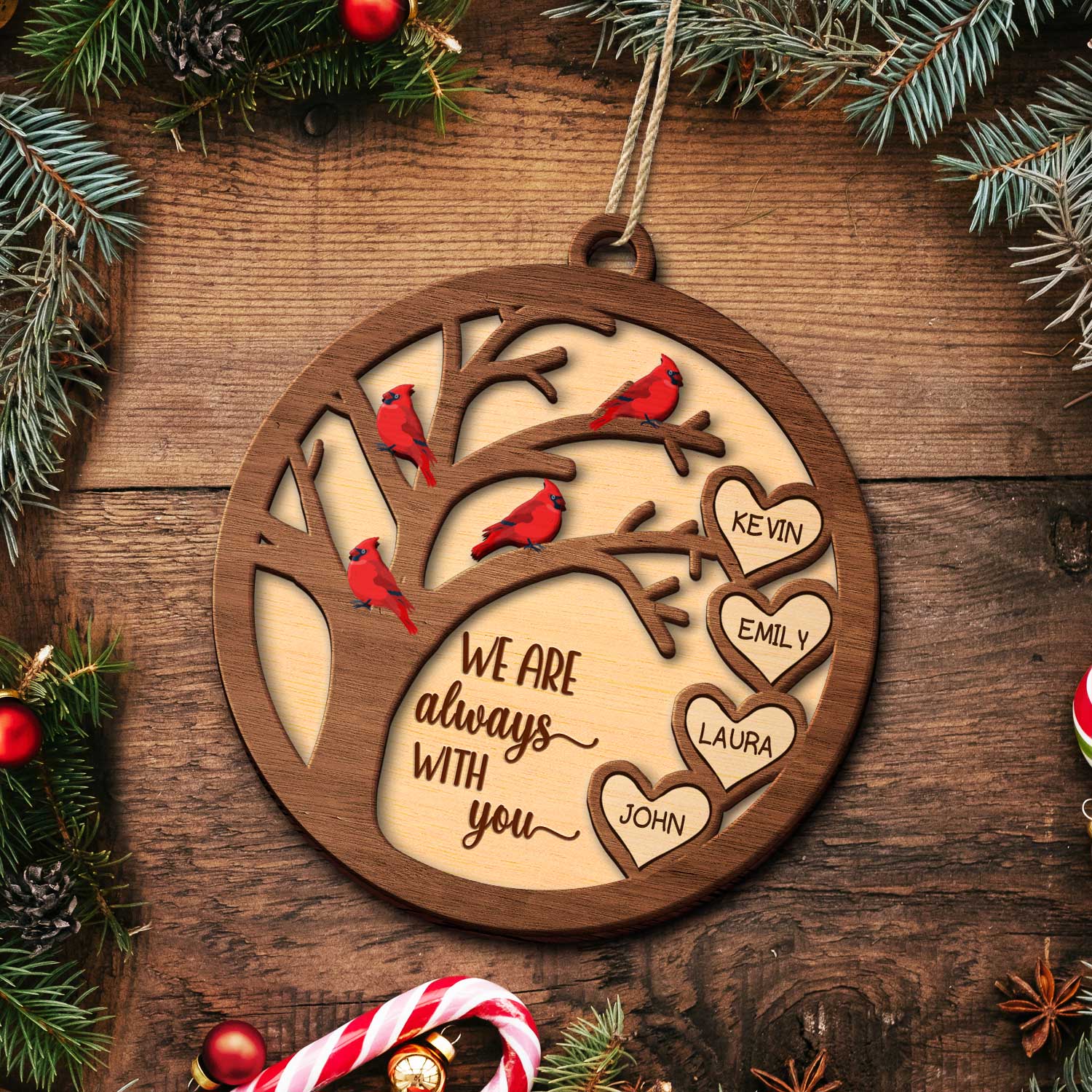 We Are Always With You Cardinal Bird - Sympathy Gift, Christmas Keepsake, Family Memorial Gift - Personalized 2-Layered Wooden Ornament - Image 5