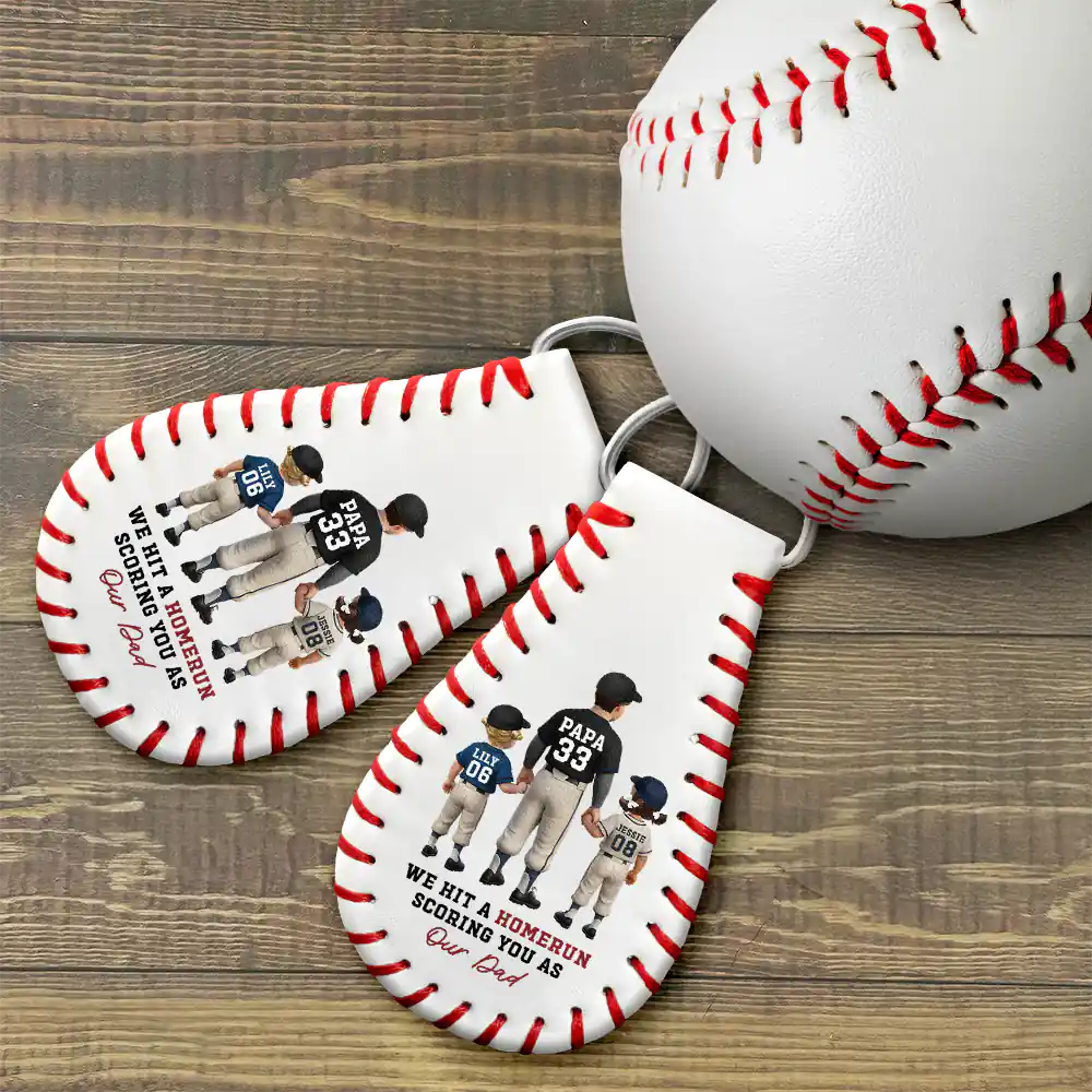 We Hit A Homerun Scoring You As Our Dad - Personalized Leather Baseball Keychain - Image 3