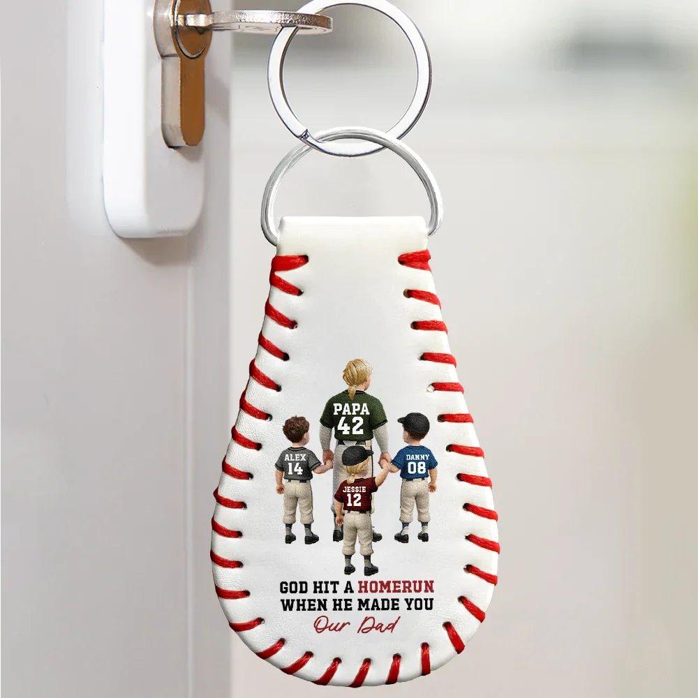 We Hit A Homerun Scoring You As Our Dad - Personalized Leather Baseball Keychain - Image 4