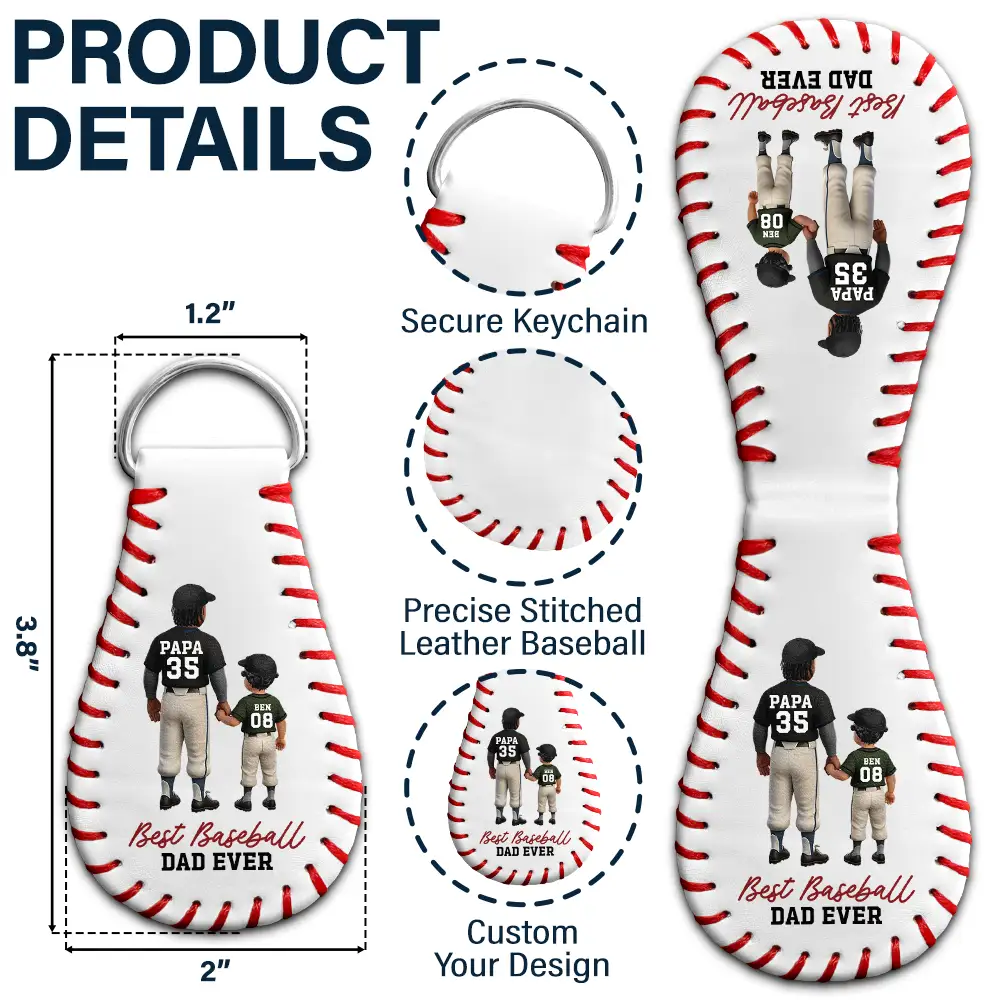 We Hit A Homerun Scoring You As Our Dad - Personalized Leather Baseball Keychain - Image 5
