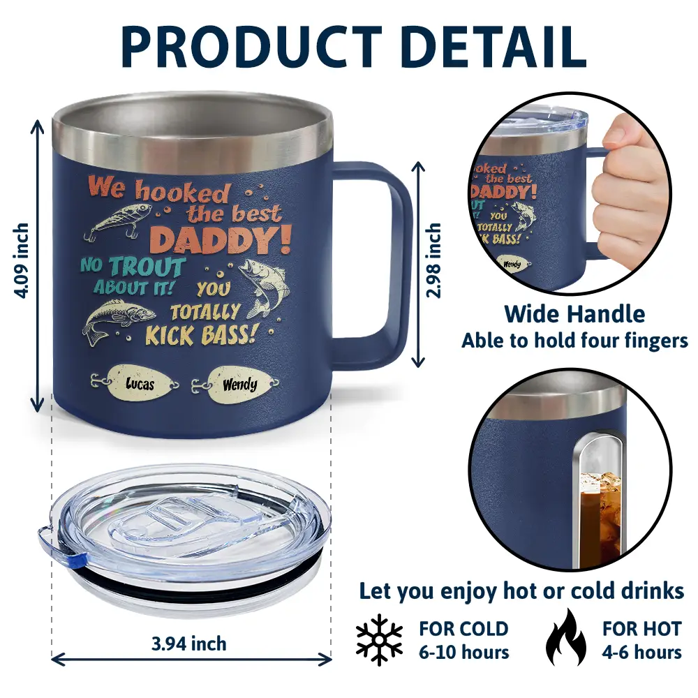We Hooked The Best Dad Fishing - Personalized 14oz Stainless Steel Tumbler With Handle - Image 4