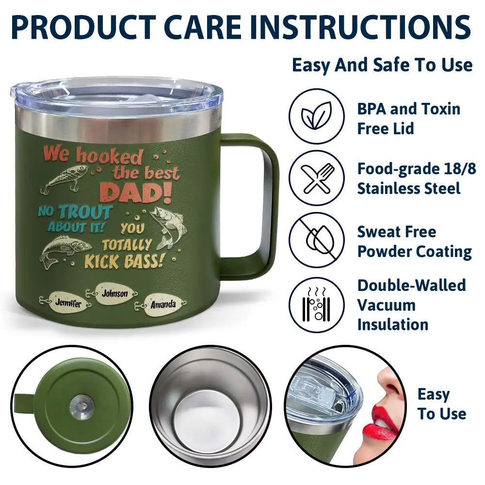 We Hooked The Best Dad Fishing - Personalized 14oz Stainless Steel Tumbler With Handle - Image 6