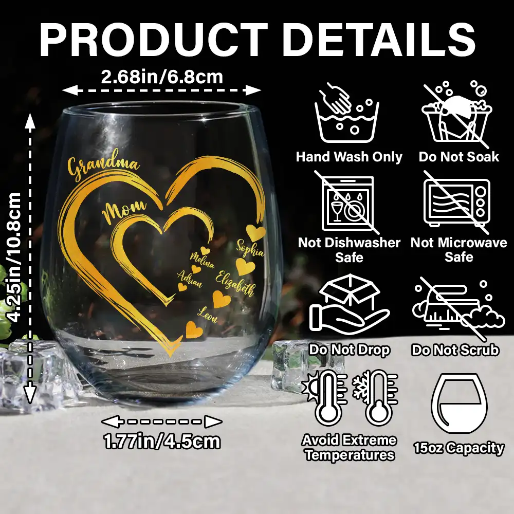 We Love Mom Grandma Sweethearts Kid Grandkid - Personalized Stemless Wine Glass - Image 5