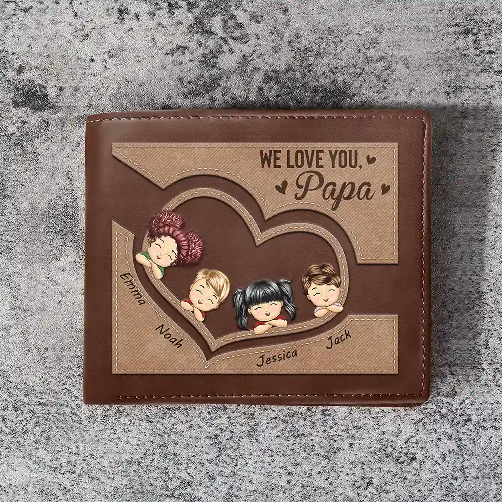 We Love You, Best Grandpa Ever Chibi Heart Faux-Stitched Effect - Personalized Leather Wallet - Image 3