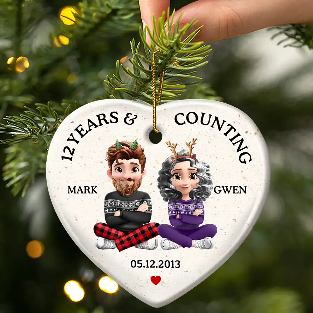Wedding Anniversary Many Years And Couting - Personalized Heart Ceramic Ornament - Image 3