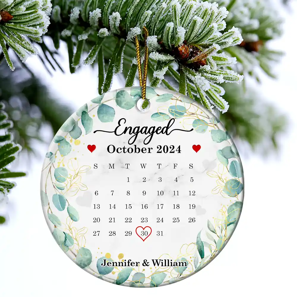 Wedding Calendar Married Engaged Couple - Personalized Circle Ceramic Ornament - Image 4