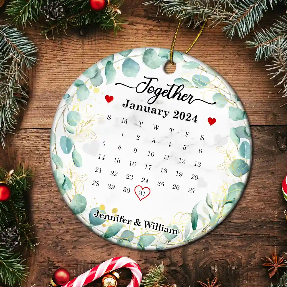 Wedding Calendar Married Engaged Couple - Personalized Circle Ceramic Ornament - Image 5