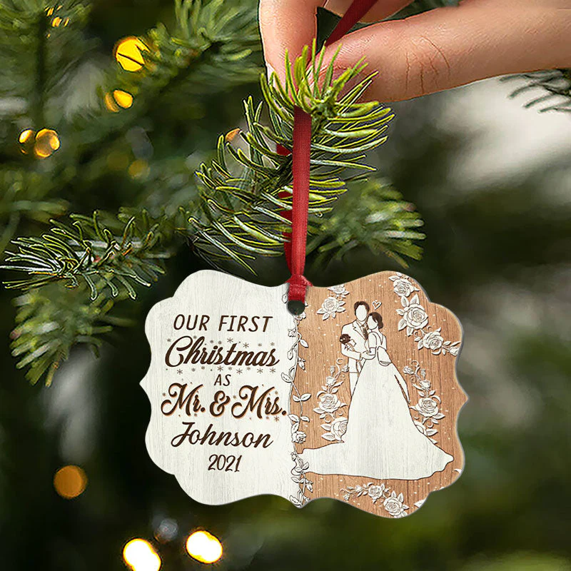 Wedding Couple Our First Christmas - Gift For Couple - Personalized Custom Wooden Ornament, Aluminum Ornament - Image 5